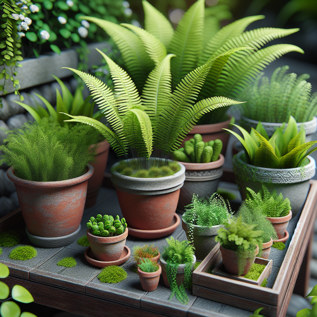 Container Gardening Delight: Lush Ferns thriving in Pots