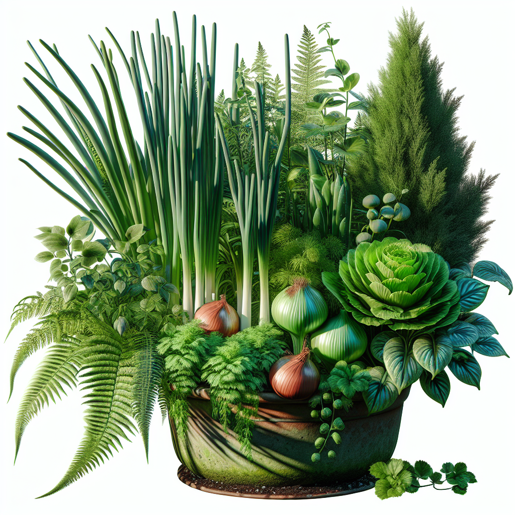 Container Gardening: Onions, Ferns, and Juniper