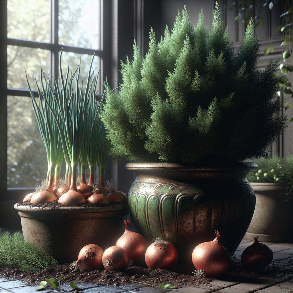 Growing Onions and Juniper Together in Pots