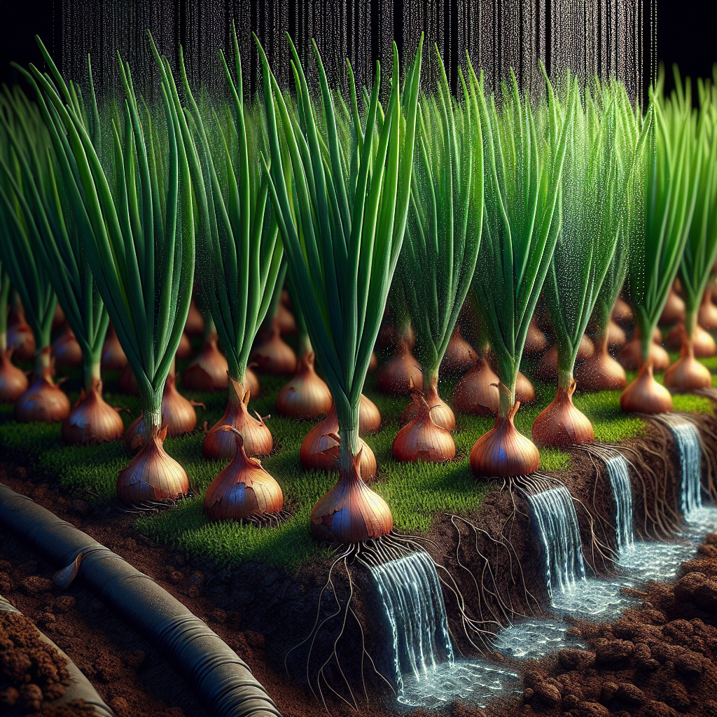 Watering onions with a slow drip system